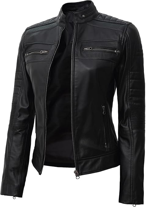 Women's Black Genuine Lambskin Leather Jacket - Sleek Cafe Racer Style
