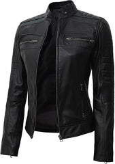 Women's Black Genuine Lambskin Leather Jacket - Sleek Cafe Racer Style