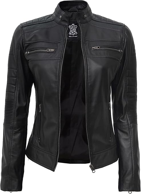 Women's Black Genuine Lambskin Leather Jacket - Sleek Cafe Racer Style