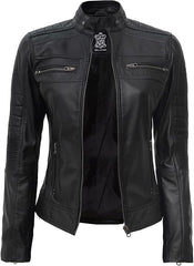 Women's Black Genuine Lambskin Leather Jacket - Sleek Cafe Racer Style
