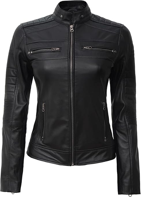 Women's Black Genuine Lambskin Leather Jacket - Sleek Cafe Racer Style