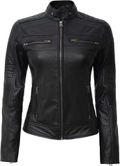 Women's Black Genuine Lambskin Leather Jacket - Sleek Cafe Racer Style