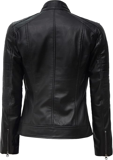 Women's Black Genuine Lambskin Leather Jacket - Sleek Cafe Racer Style