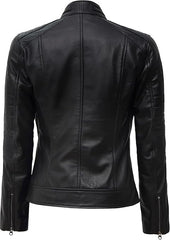 Women's Black Genuine Lambskin Leather Jacket - Sleek Cafe Racer Style
