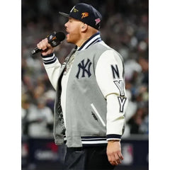 Fat Joe New York Yankees Varsity Jacket | Grey & White Wool and Leather Design