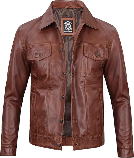 Men’s Brown Lambskin Leather Trucker Jacket with Button Closure | Best Leather House