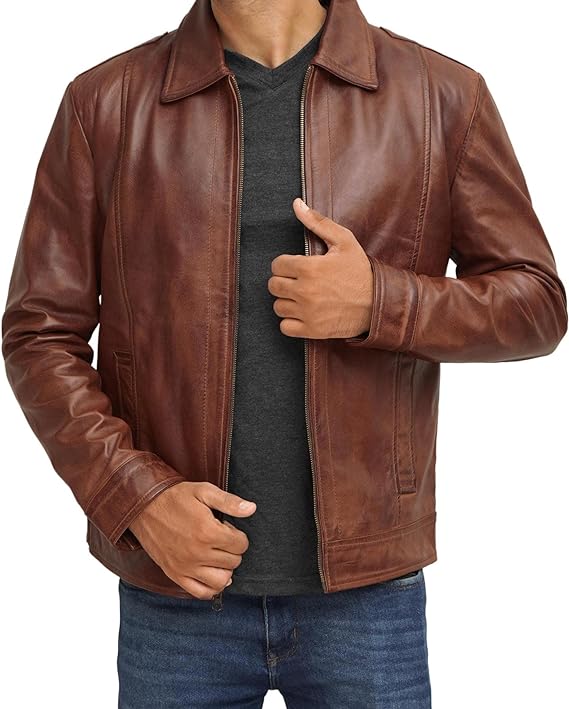 Men’s Lambskin Brown Leather Jacket with Shirt Collar | Best Leather House