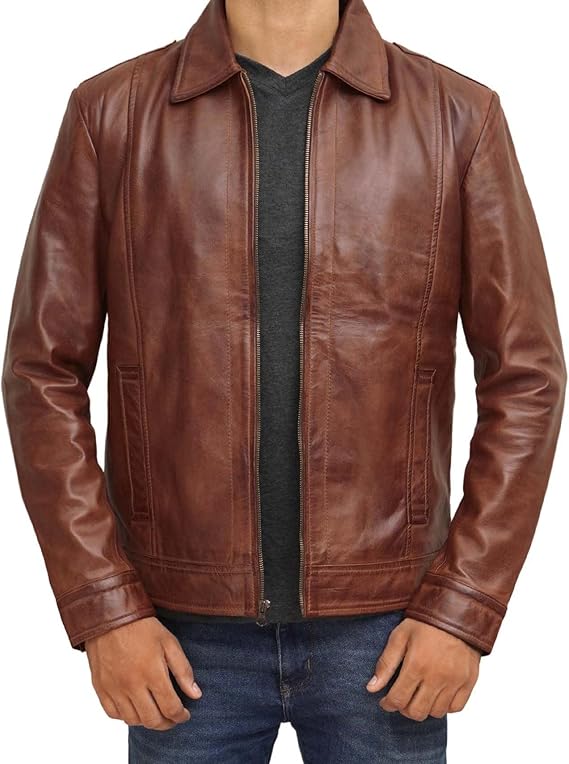 Men’s Lambskin Brown Leather Jacket with Shirt Collar | Best Leather House