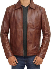 Men’s Lambskin Brown Leather Jacket with Shirt Collar | Best Leather House