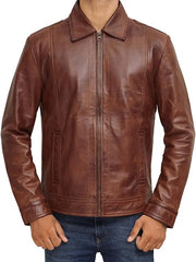 Men’s Lambskin Brown Leather Jacket with Shirt Collar | Best Leather House