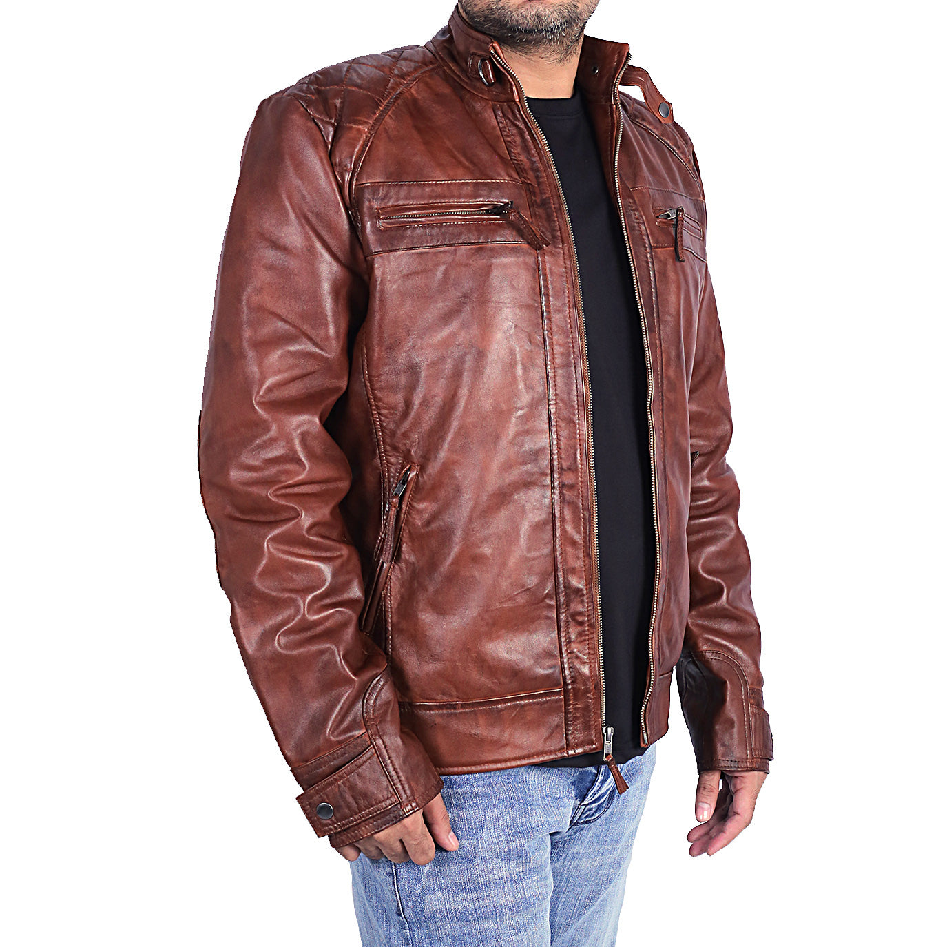 Men’s Brown Distressed Lambskin Leather Jacket with YKK Zipper | Best Leather House
