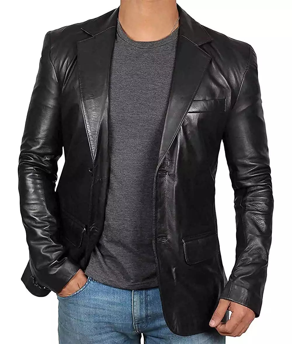 Men’s Black Leather Blazer Jacket | Premium Lambskin Leather with Classic Design
