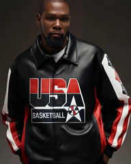 Kevin Durant USA Team Leather Jacket | Black Bomber Jacket in Genuine Leather