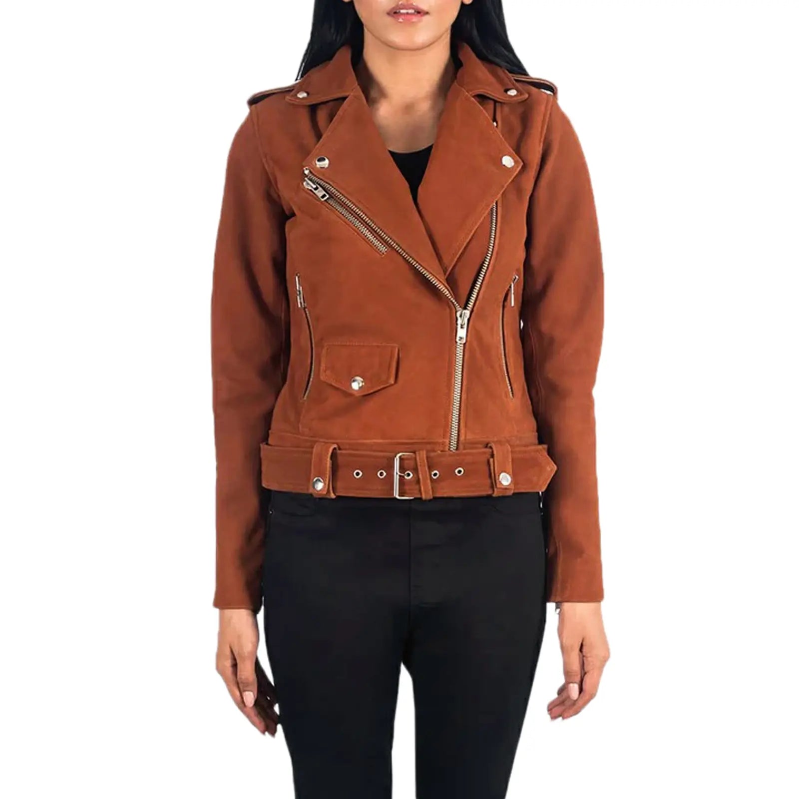 Women’s Brown Suede Biker Jacket with Belted Stripes | Goatskin Leather with Quilted Lining
