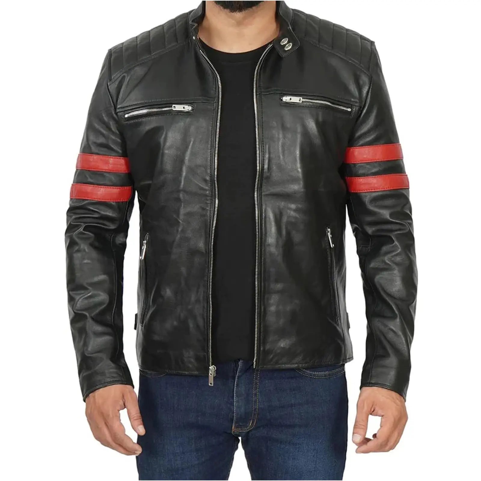 Men’s Red Stripe Cafe Racer Leather Jacket | Bold Black Biker Style