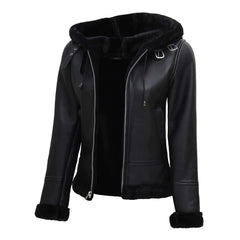 Grace Women’s Black Shearling Bomber Leather Jacket | 100% Real Lambskin Leather with Faux Fur