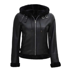 Grace Women’s Black Shearling Bomber Leather Jacket | Luxe Lambskin Outerwear