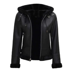 Grace Women’s Black Shearling Bomber Leather Jacket | 100% Real Lambskin Leather with Faux Fur