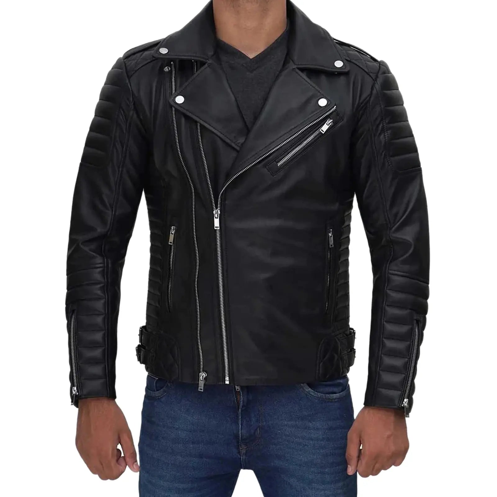 Black Quilted Leather Biker Jacket | 100% Real Lambskin with Asymmetrical Zipper Closure