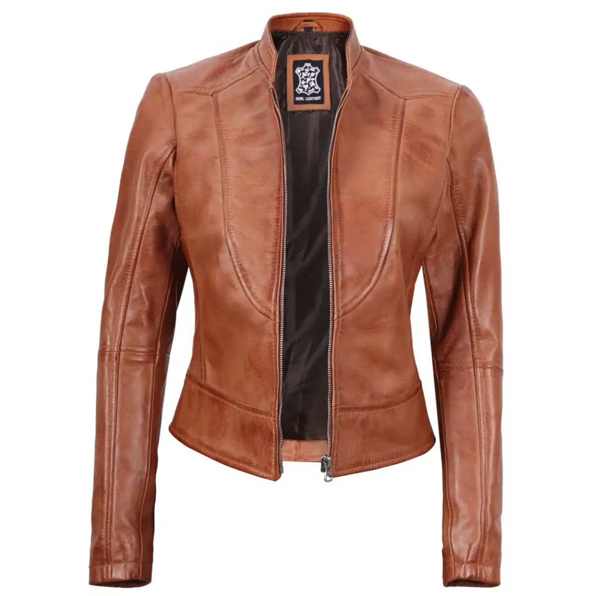 Women’s Tan Cafe Racer Slim Fit Leather Jacket | Real Lambskin Leather with Polyester Lining