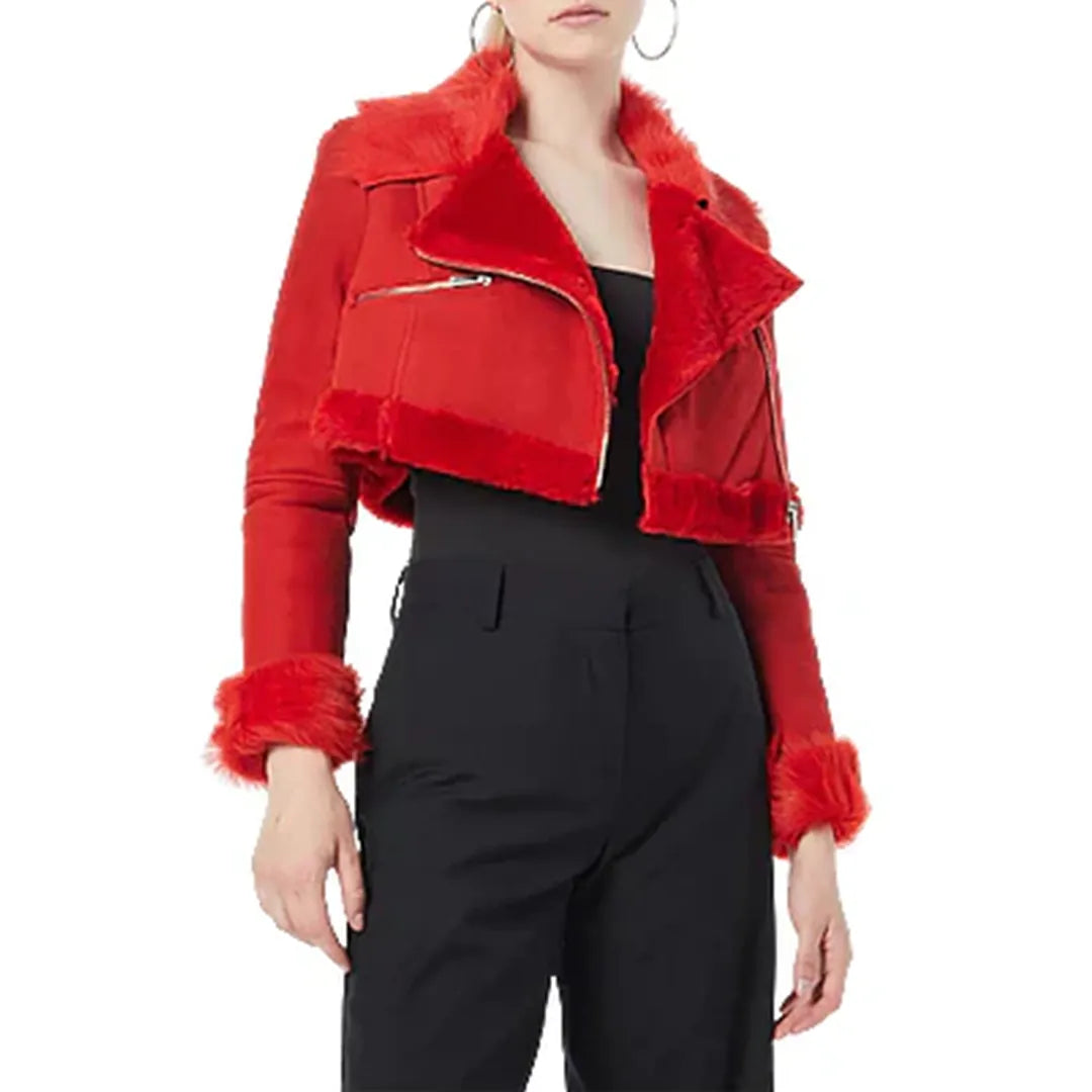 Women’s Suede Shearling Cropped Leather Jacket | Red and Black Style