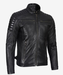 Cafe Racer Leather Jacket with Padded Shoulders | Stylish Black Motorcycle Outerwear