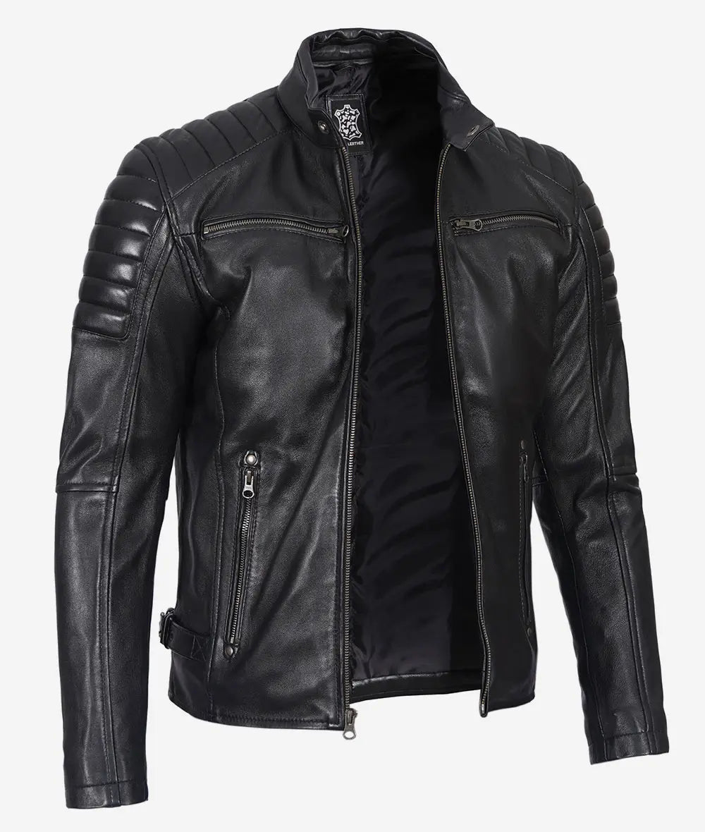 Cafe Racer Leather Jacket with Padded Shoulders | Stylish Black Motorcycle Outerwear