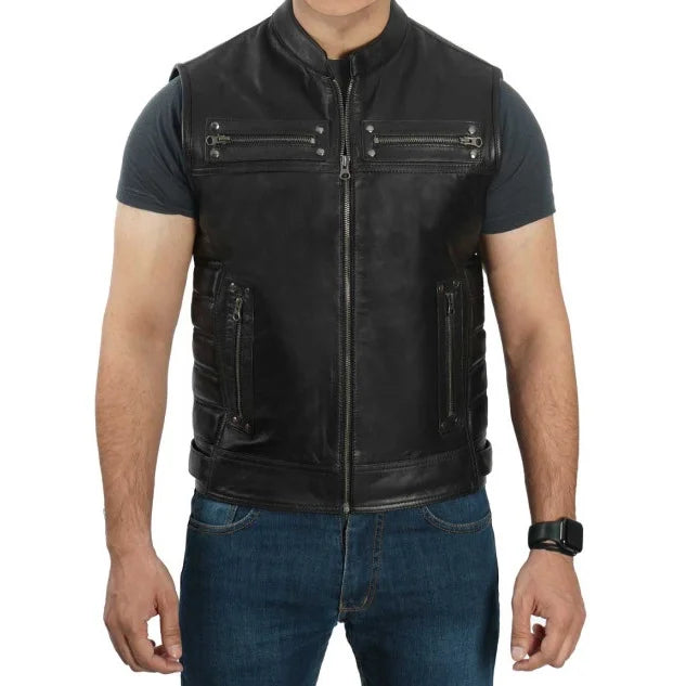 Men’s Black Leather Vest | Stylish Lambskin or PU Leather Sleeveless Design