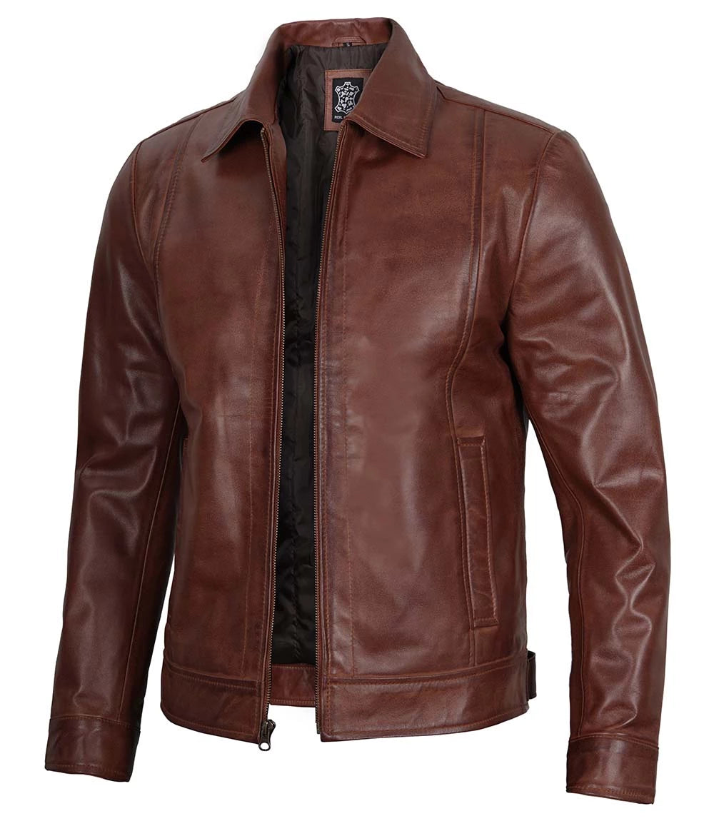 Men’s Harrington Collar Brown Vintage Leather Jacket | Timeless Lambskin Design