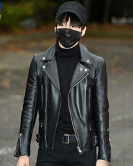 BTS Suga Black Biker Leather Jacket | Real Leather with Asymmetric Zipper Closure