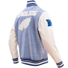 Buffalo Bills Denim Varsity Jacket | Blue Denim & White Leather Style