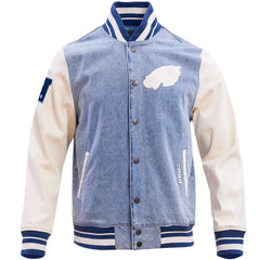 Buffalo Bills Denim Varsity Jacket | Blue Denim & White Leather Style