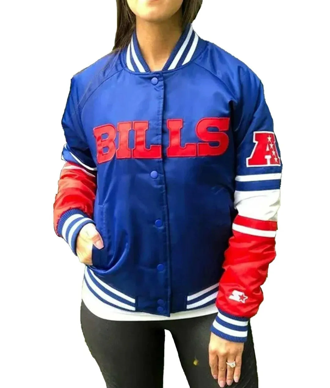 Buffalo Bills Varsity Jacket | Bold Blue and Red Satin Design