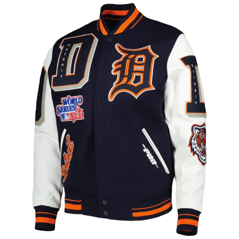 Detroit Tigers Mash-Up Logo Varsity Jacket | Navy Blue Wool & Leather Design