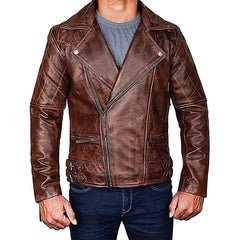 Diamond Quilted Distressed Leather Jacket | Vintage Brown Leather with Zipper Closure