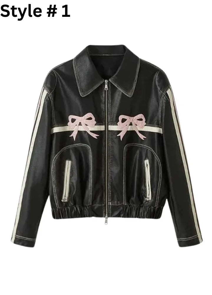 Diddi Moda Bow Ribbon Leather Jacket | Sleek Black Stylish Outerwear