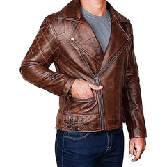 Diamond Quilted Distressed Leather Jacket | Vintage Brown Leather with Zipper Closure