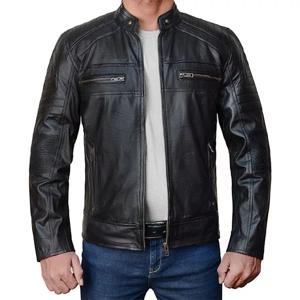 Cafe Racer Lambskin Leather Jacket | Real Lambskin with Quilted Shoulders
