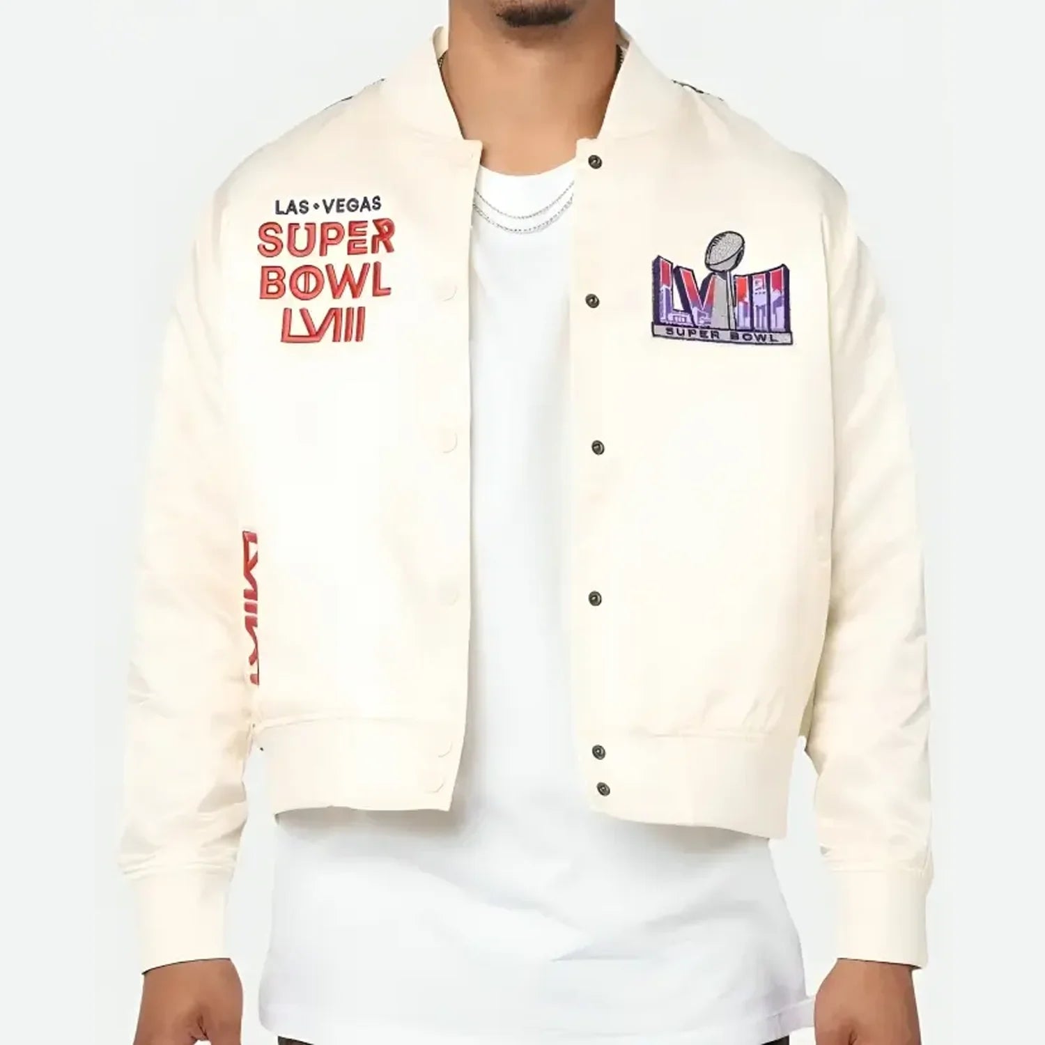 Super Bowl LVIII Varsity Jacket | White Fleece with Rib-Knitted Details