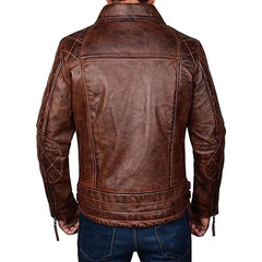 Diamond Quilted Distressed Leather Jacket | Vintage Brown Leather with Zipper Closure