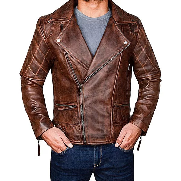 Diamond Quilted Distressed Leather Jacket | Vintage Brown Leather Style