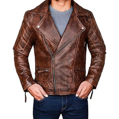 Diamond Quilted Distressed Leather Jacket | Vintage Brown Leather Style