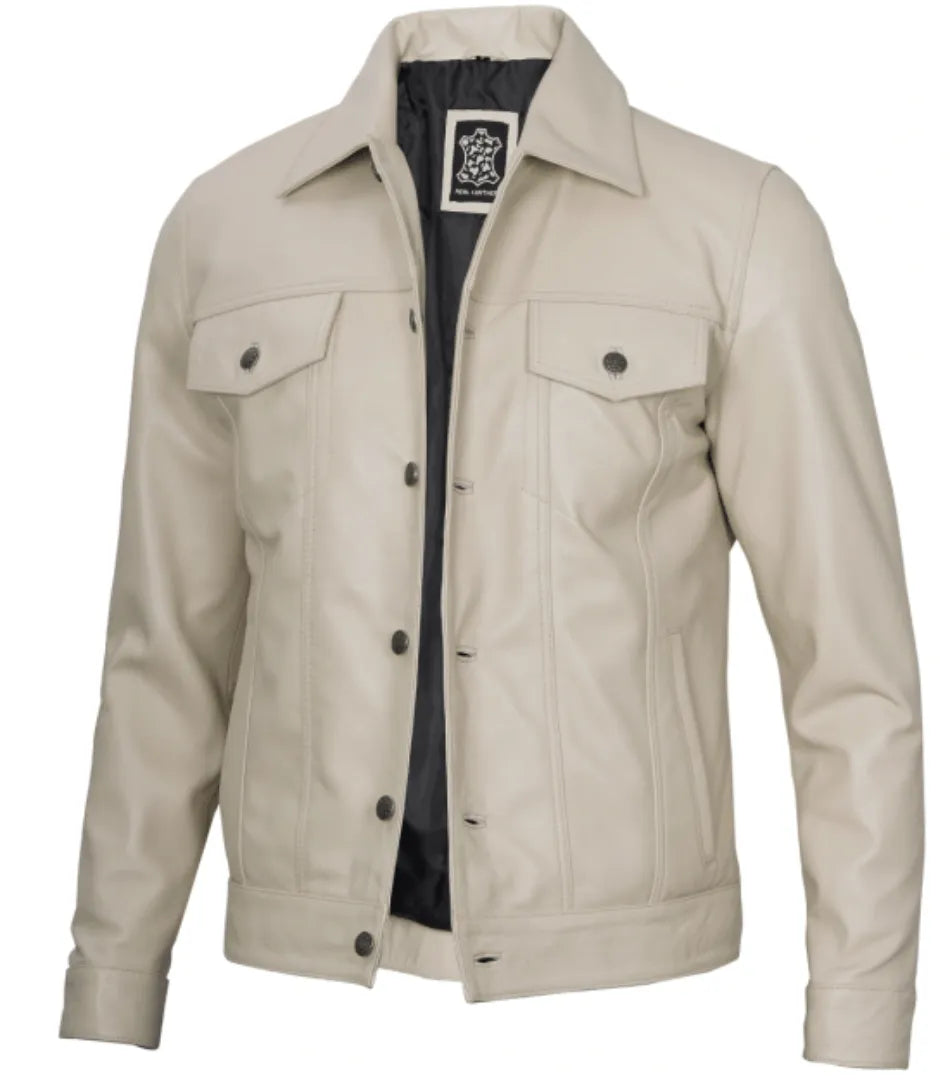Men’s Beige Leather Trucker Jacket | Sporty and Versatile All-Weather Style