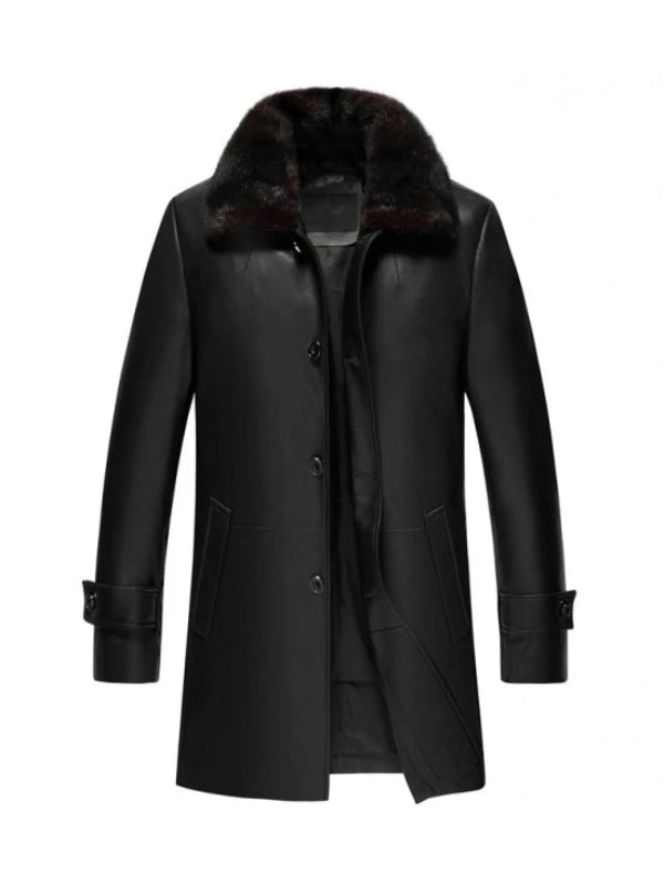 Men’s Black Leather Fur Collar Coat | Luxurious Winter Outerwear