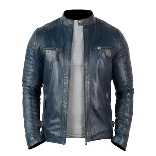 Vintage Cafe Racer Distressed Motorcycle Leather Jacket | Iconic Sky Blue Design