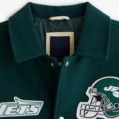New York Jets Varsity Jacket | Classic Dark Green Wool & Leather Design