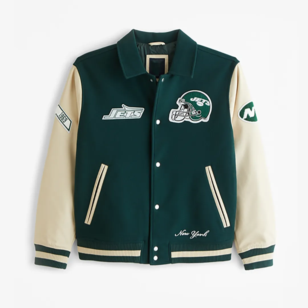 New York Jets Varsity Jacket | Classic Dark Green Wool & Leather Design