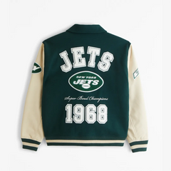 New York Jets Varsity Jacket | Classic Dark Green Wool & Leather Design