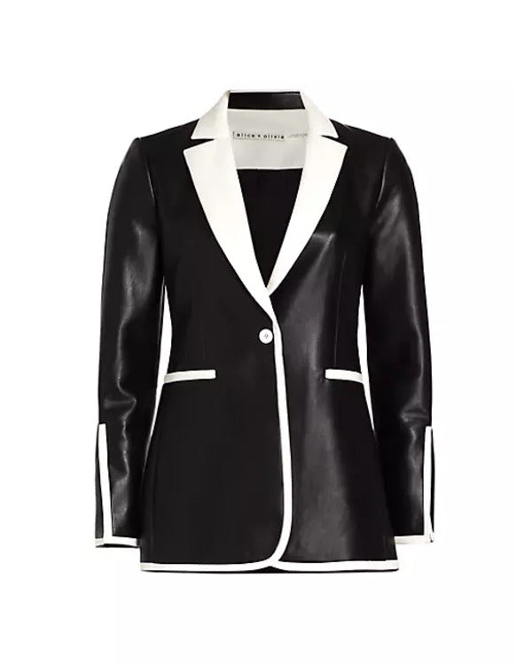 Only Murders in the Building S04 Bev Melon Leather Blazer | Sleek Black and White Design