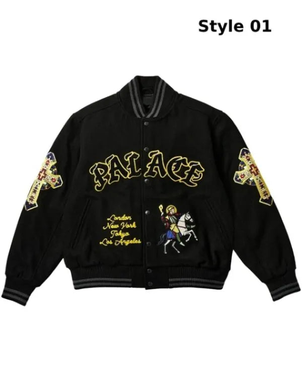 Palace Saints Varsity Jacket | Black & Beige Wool & Leather Design